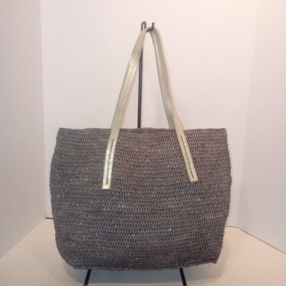 FLORA BELLA for ANTHROPOLOGIE Gray & Silver Woven Raffia Tote Bag - Picture 6 of 15